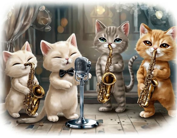 Four animated cats playing musical instruments: one singing, three with saxophones.